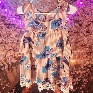 Floral babydoll striped blouse w/ white crochet trim